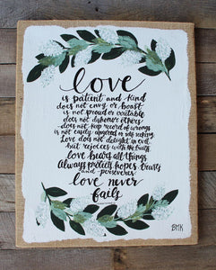 Love & Greenery - 1 Corinthians 13, 16x20 Burlap Canvas