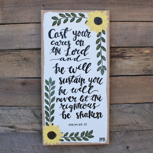 Cast Your Cares - Psalm 55:22, Sunflowers 10x20 Burlap Canvas