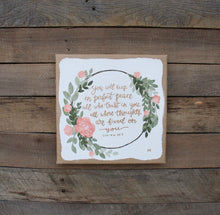 Load image into Gallery viewer, Perfect Peace - Isaiah 26:3, 10x10 Burlap Canvas
